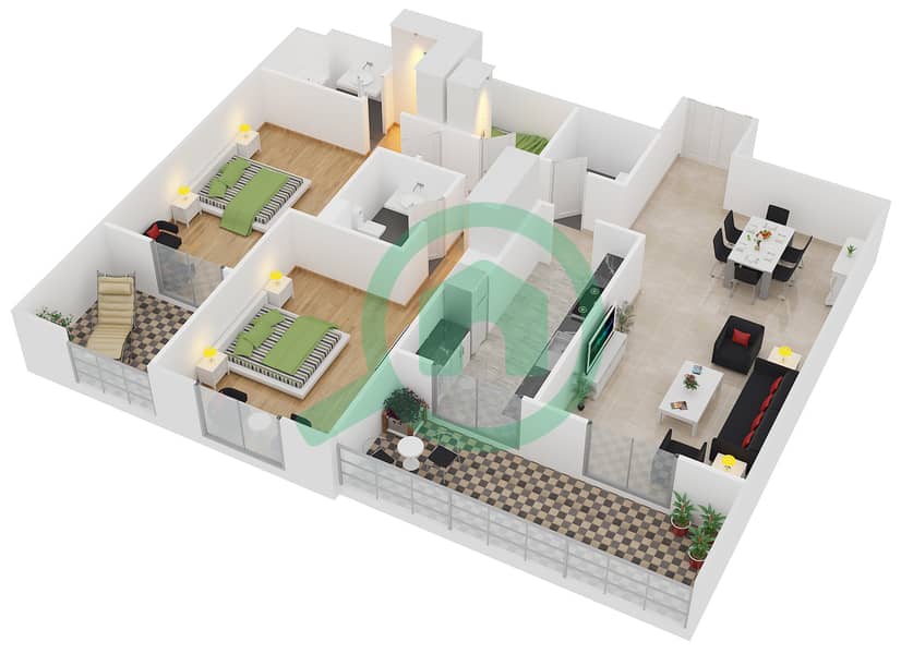 المخططات الطابقية لتصميم الوحدة 106 شقة 2 غرفة نوم - ذا بيلفيدير interactive3D
