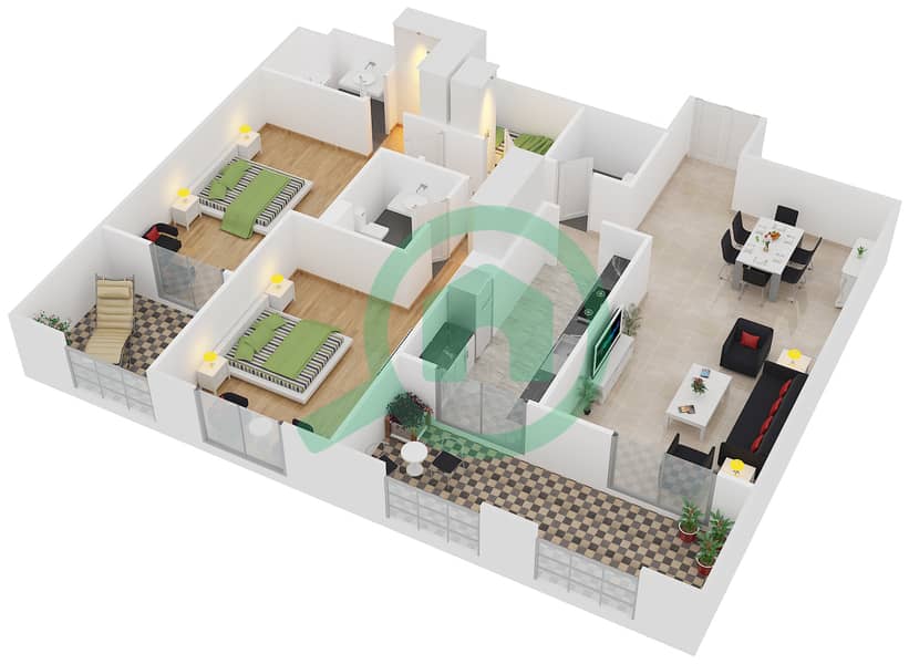 المخططات الطابقية لتصميم الوحدة 506 شقة 2 غرفة نوم - ذا بيلفيدير interactive3D