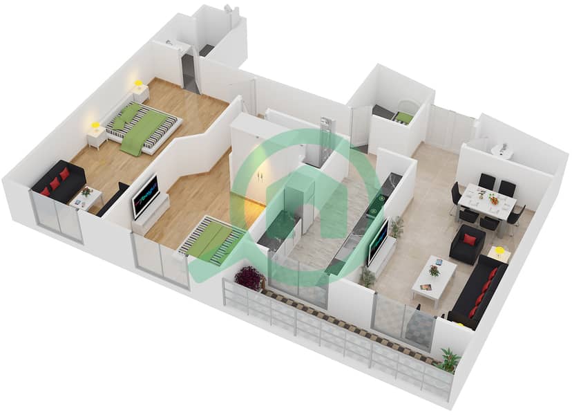 المخططات الطابقية لتصميم الوحدة 605 شقة 2 غرفة نوم - ذا بيلفيدير interactive3D
