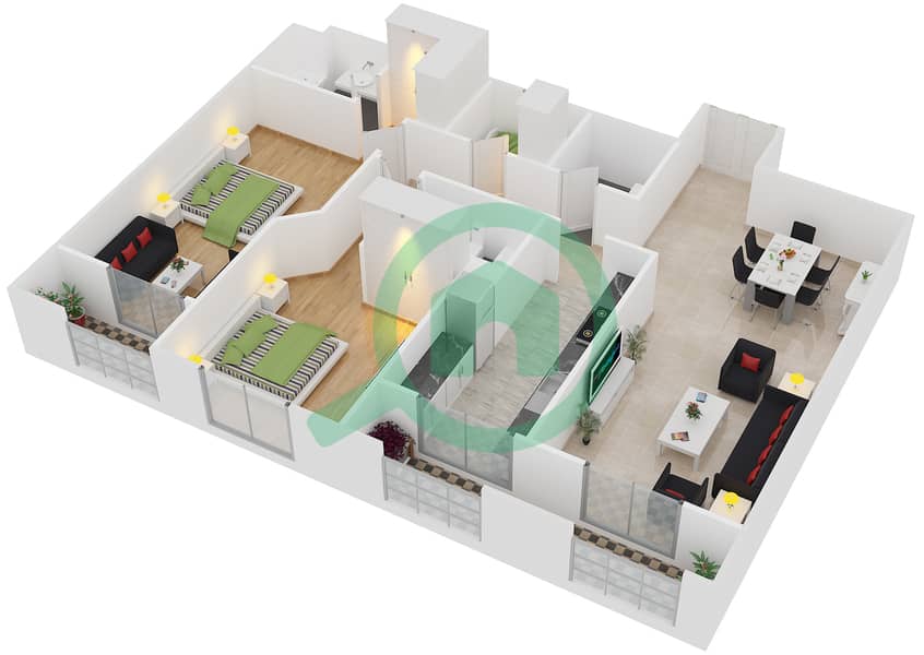 المخططات الطابقية لتصميم الوحدة 606 شقة 2 غرفة نوم - ذا بيلفيدير interactive3D