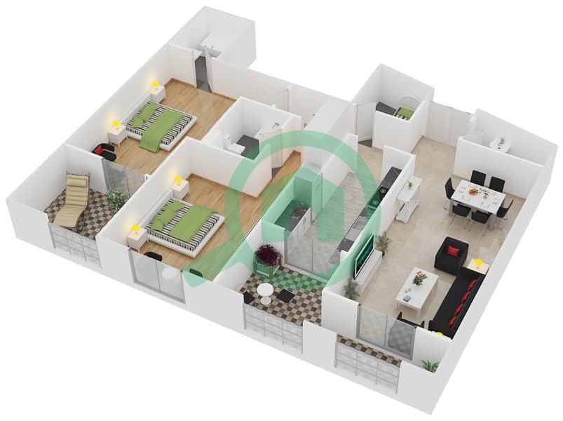 贝维德尔酒店 - 2 卧室公寓单位105,205,305,405戶型图 interactive3D