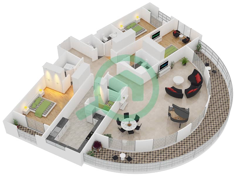 The Belvedere - 3 Bedroom Apartment Unit 304,504 Floor plan interactive3D