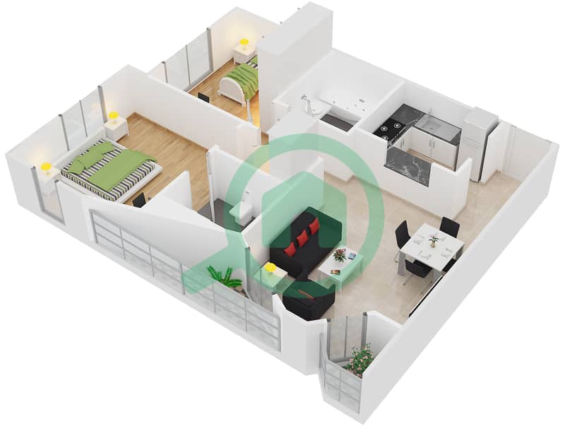 المخططات الطابقية لتصميم الوحدة 3 & 4 شقة 2 غرفة نوم - مارینا وارف 2 interactive3D