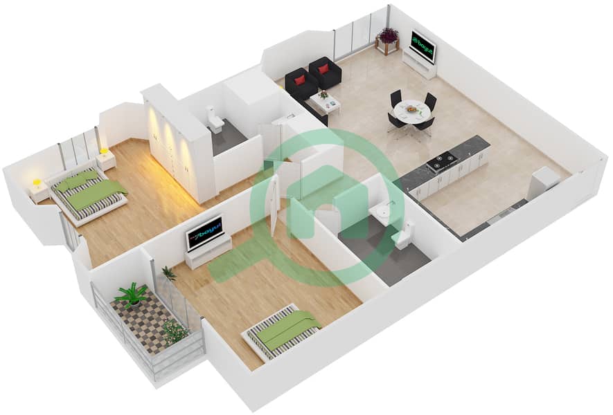 المخططات الطابقية لتصميم الوحدة 1 شقة 2 غرفة نوم - مارینا وارف 2 interactive3D