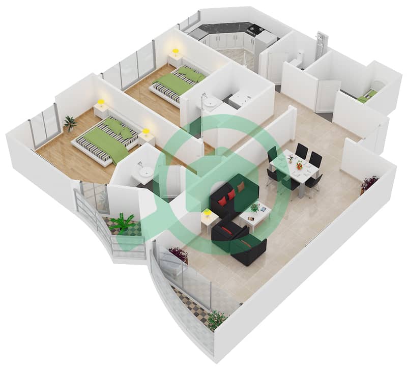 المخططات الطابقية لتصميم الوحدة 2 شقة 2 غرفة نوم - مارینا وارف 2 interactive3D