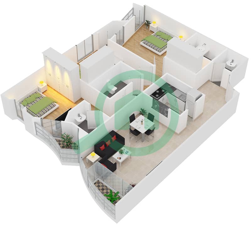 Марина Варф II - Апартамент 3 Cпальни планировка Единица измерения 1 & 6 interactive3D