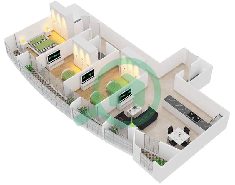 المخططات الطابقية لتصميم الوحدة 5 شقة 3 غرف نوم - مارینا وارف 2 interactive3D
