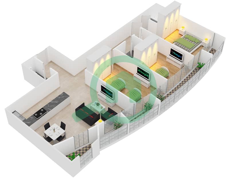 المخططات الطابقية لتصميم الوحدة 2 شقة 3 غرف نوم - مارینا وارف 2 interactive3D