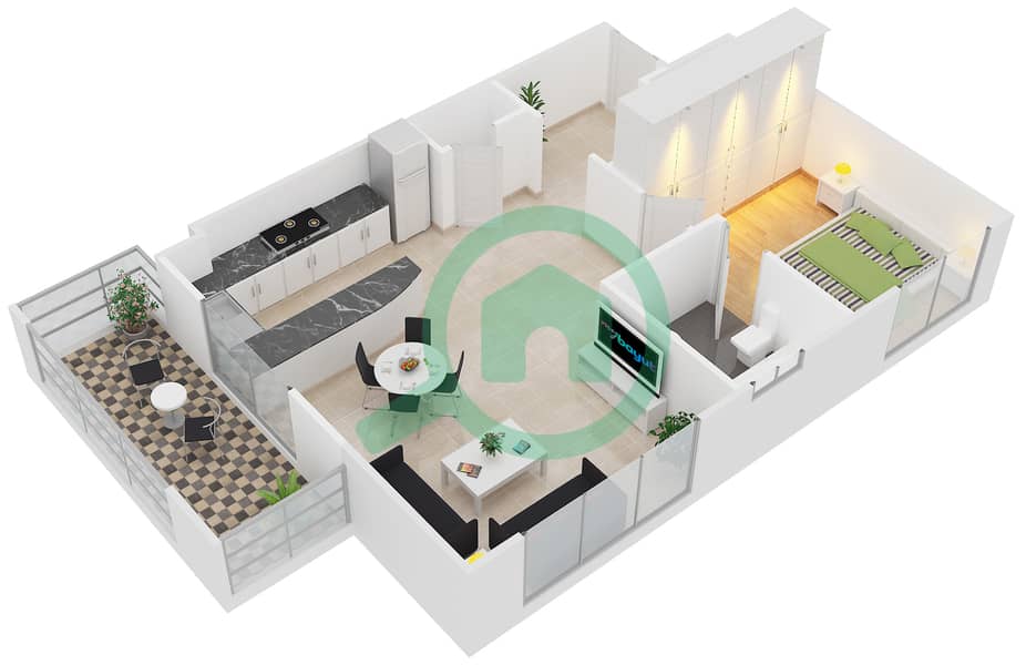 المخططات الطابقية لتصميم النموذج 1A شقة 1 غرفة نوم - ويست سايد مارينا interactive3D