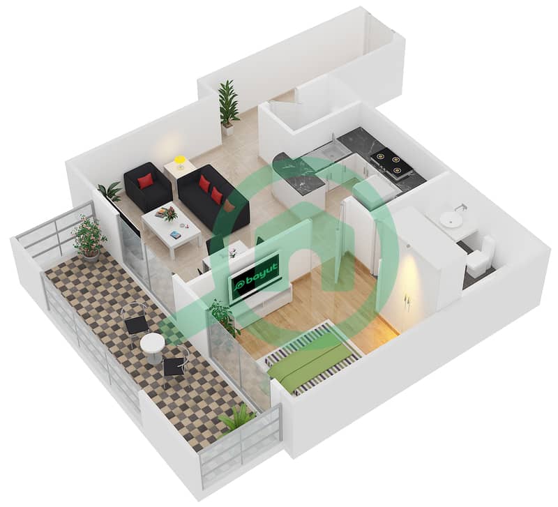 西部海湾住宅楼 - 1 卧室公寓类型1B戶型图 interactive3D