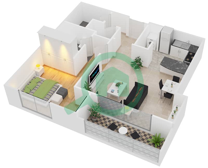 西部海湾住宅楼 - 1 卧室公寓类型1C戶型图 interactive3D