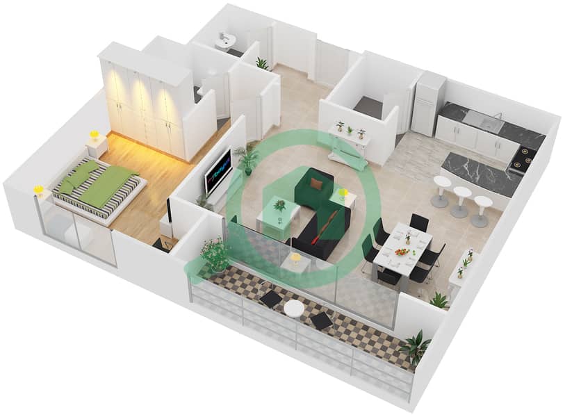 西部海湾住宅楼 - 1 卧室公寓类型1DL戶型图 interactive3D
