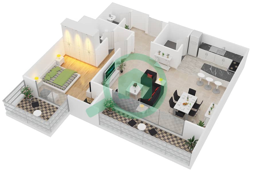 西部海湾住宅楼 - 1 卧室公寓类型1DLL戶型图 interactive3D