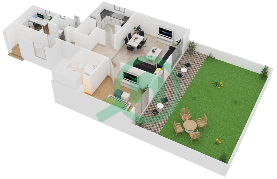 المخططات الطابقية لتصميم النموذج 1E شقة 1 غرفة نوم - ويست سايد مارينا interactive3D