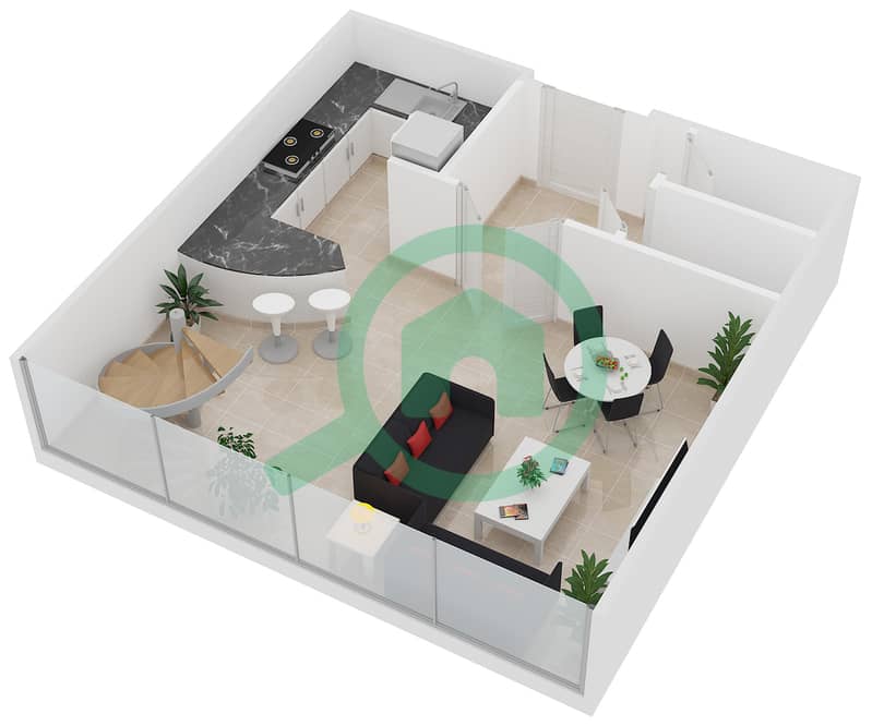 西部海湾住宅楼 - 1 卧室公寓类型1F戶型图 interactive3D