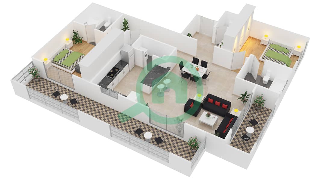 Вестсайд Марина - Апартамент 2 Cпальни планировка Тип 2BL interactive3D