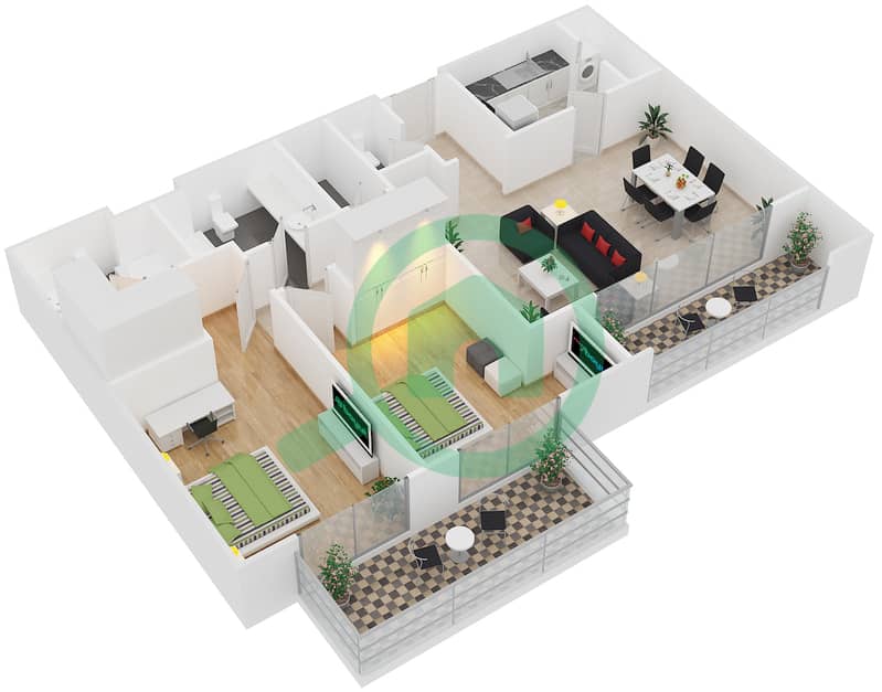 西部海湾住宅楼 - 2 卧室公寓类型2C戶型图 interactive3D