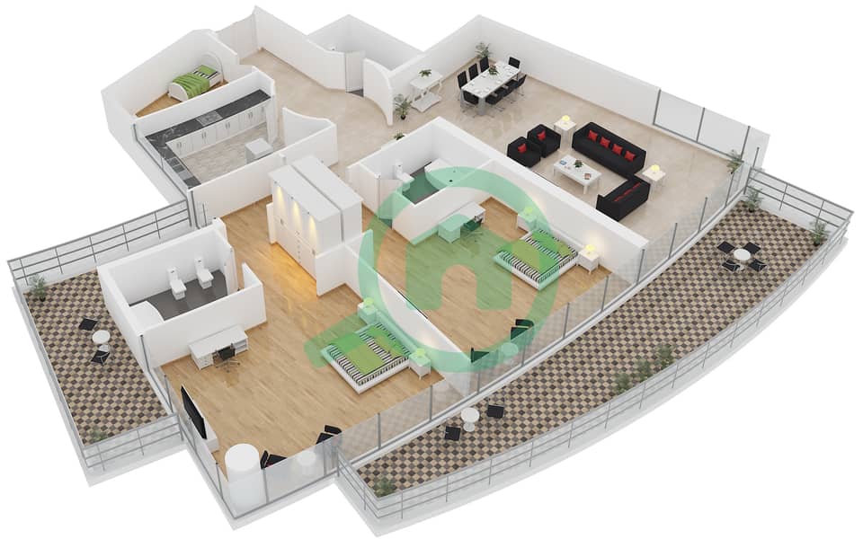 المخططات الطابقية لتصميم النموذج 3 شقة 2 غرفة نوم - برج ترايدنت مارينا سكيب أوشيانيك interactive3D