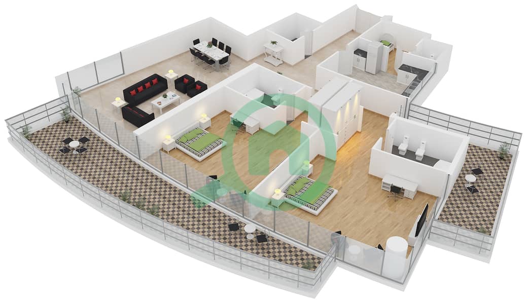 三叉戟滨海公园海洋大厦 - 2 卧室公寓类型4戶型图 interactive3D