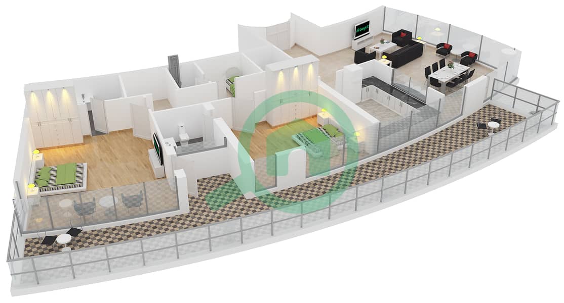 المخططات الطابقية لتصميم النموذج 6 شقة 2 غرفة نوم - برج ترايدنت مارينا سكيب أوشيانيك interactive3D