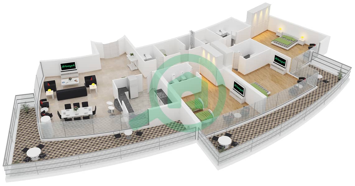 المخططات الطابقية لتصميم النموذج 1 شقة 3 غرف نوم - برج ترايدنت مارينا سكيب أوشيانيك interactive3D