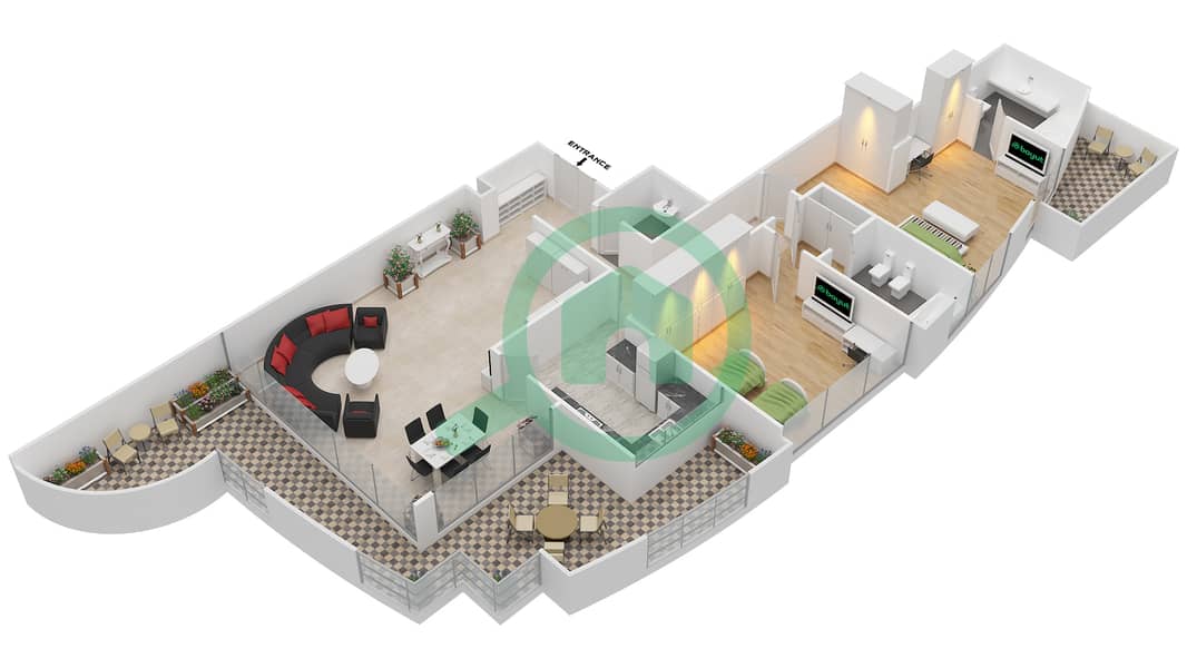 滨水区 - 2 卧室公寓类型CONDOMINIUM-3戶型图 interactive3D