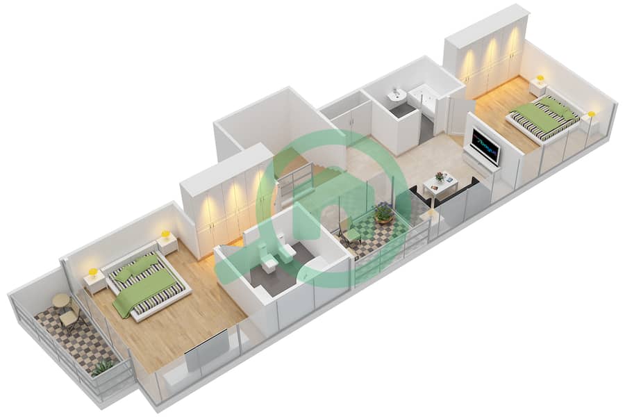 滨水区 - 2 卧室别墅类型2戶型图 interactive3D