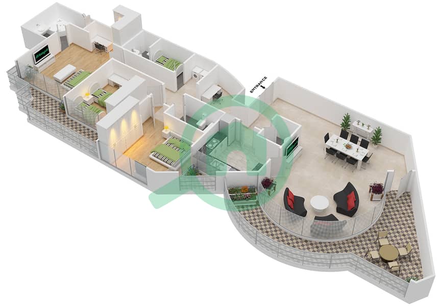 滨水区 - 3 卧室公寓类型CONDOMINIUM-2戶型图 interactive3D