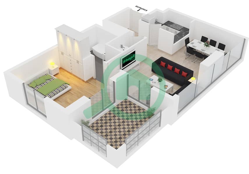 Зумуруд Тауэр - Апартамент 1 Спальня планировка Тип A FLOOR 10-19 interactive3D