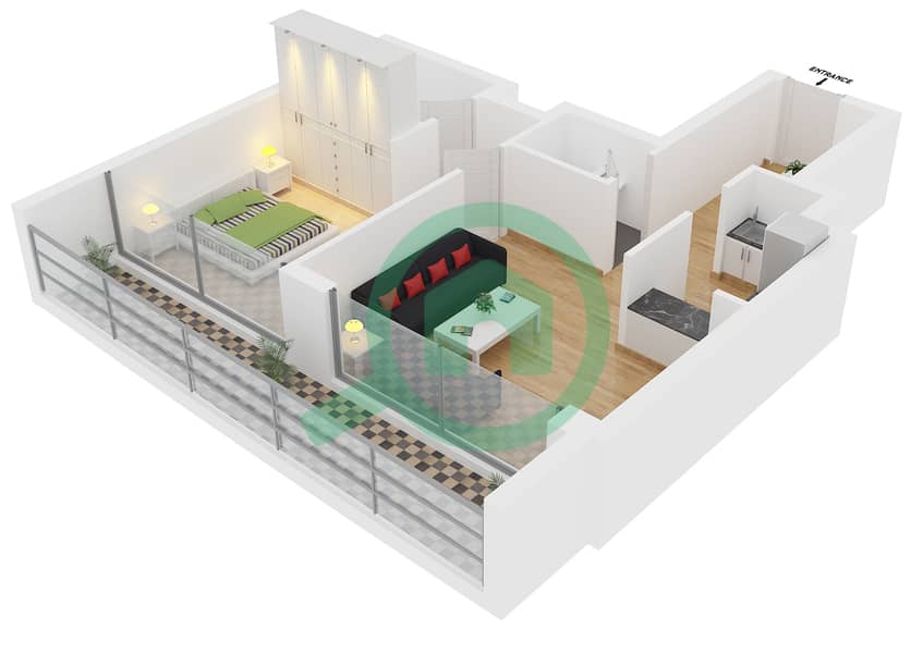المخططات الطابقية لتصميم النموذج B FLOOR 1-8,10-19 شقة 1 غرفة نوم - برج زمرد interactive3D