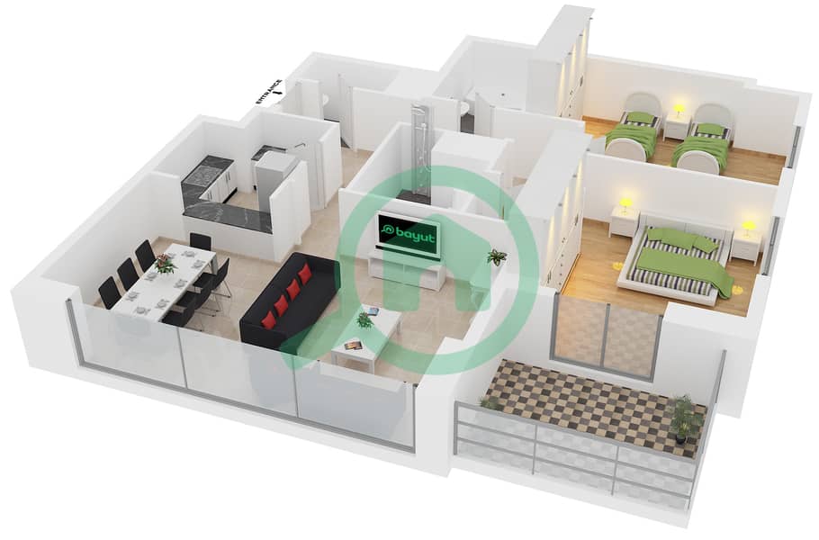 المخططات الطابقية لتصميم النموذج A FLOOR 20-27 شقة 2 غرفة نوم - برج زمرد interactive3D