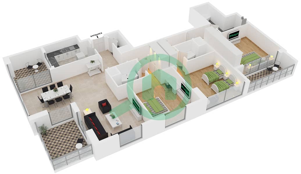 Зумуруд Тауэр - Апартамент 3 Cпальни планировка Тип A FLOOR 28 interactive3D