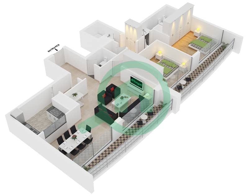 المخططات الطابقية لتصميم النموذج B FLOOR 20-27 شقة 2 غرفة نوم - برج زمرد interactive3D