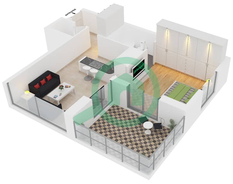 المخططات الطابقية لتصميم النموذج C FLOOR 1-8,10-19 شقة 1 غرفة نوم - برج زمرد interactive3D