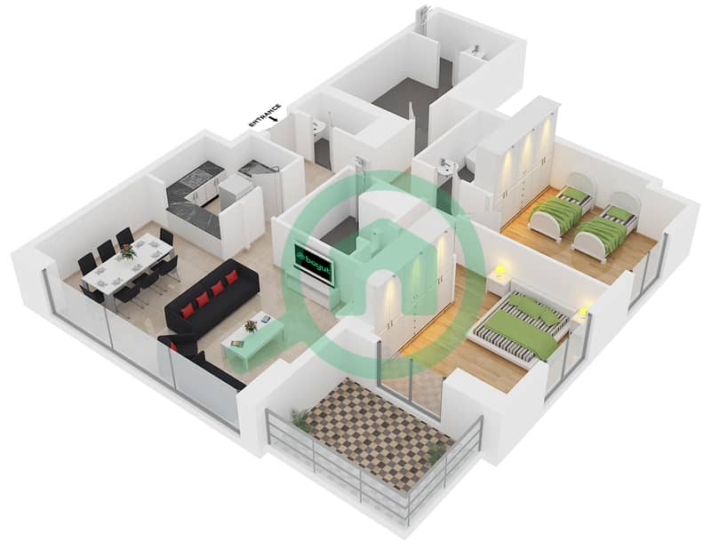المخططات الطابقية لتصميم النموذج C FLOOR 22-27 شقة 2 غرفة نوم - برج زمرد interactive3D