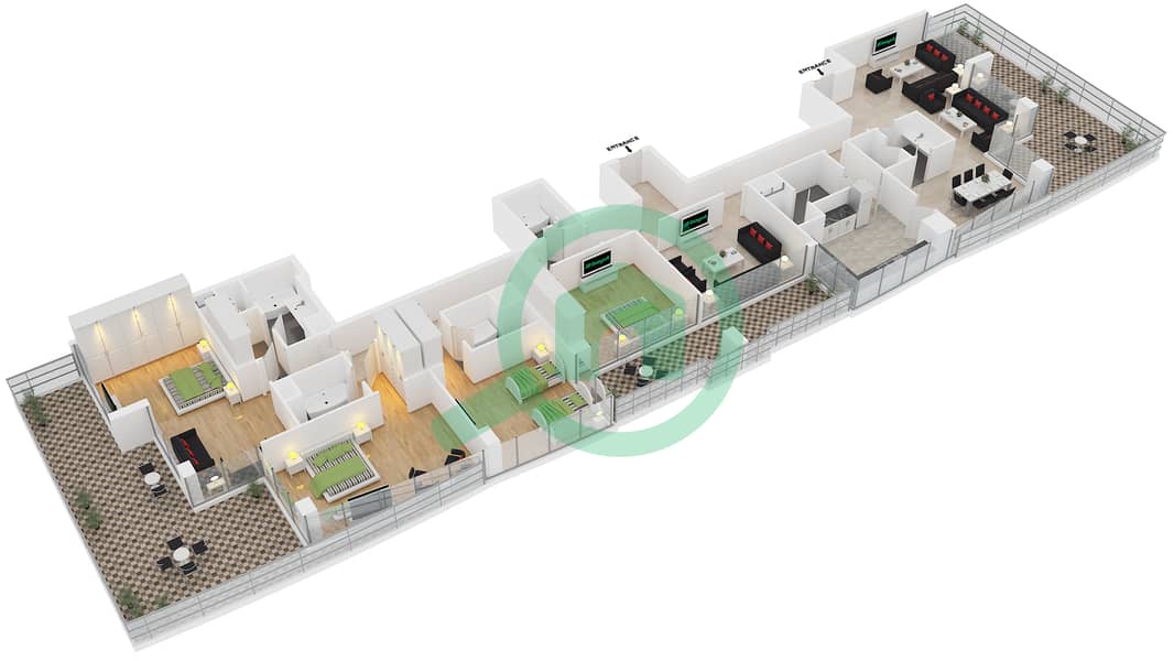 المخططات الطابقية لتصميم النموذج B بنتهاوس 4 غرف نوم - برج زمرد interactive3D