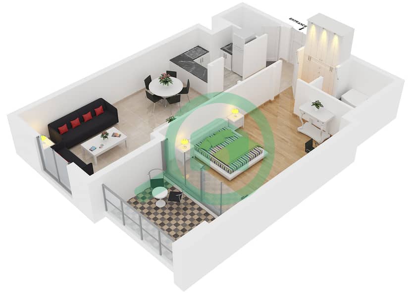 المخططات الطابقية لتصميم النموذج E FLOOR 1-8 شقة 1 غرفة نوم - برج زمرد interactive3D