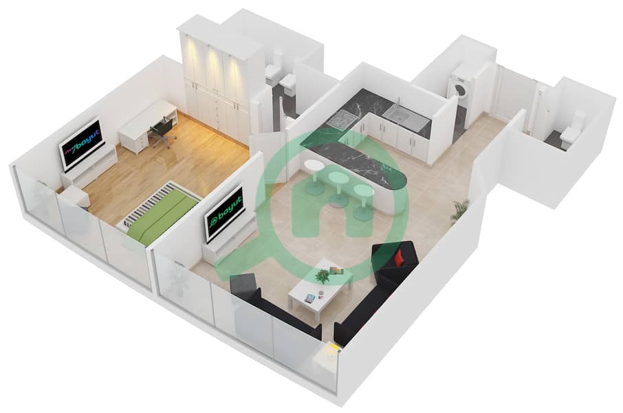 游艇湾公寓 - 1 卧室公寓单位105戶型图 interactive3D