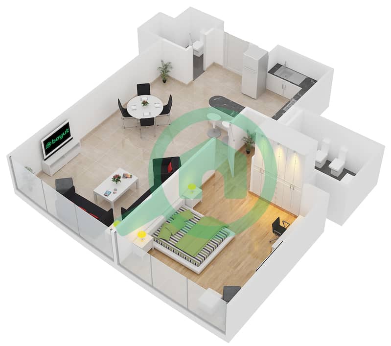 游艇湾公寓 - 1 卧室公寓单位206戶型图 interactive3D