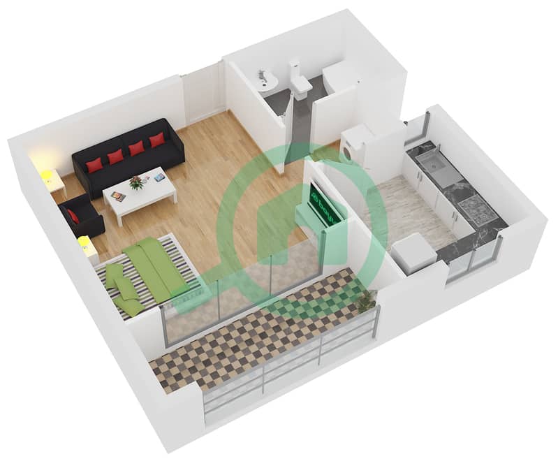 المخططات الطابقية لتصميم النموذج S4 شقة استوديو - برج دي إي سي 1 interactive3D