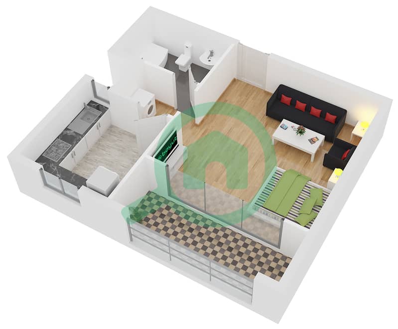 المخططات الطابقية لتصميم النموذج S8 شقة استوديو - برج دي إي سي 1 interactive3D