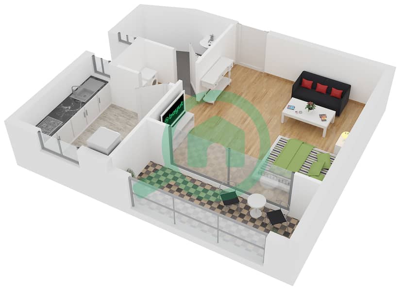 المخططات الطابقية لتصميم النموذج S3 شقة استوديو - برج دي إي سي 1 interactive3D