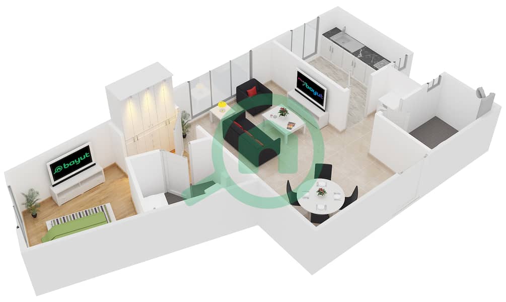 المخططات الطابقية لتصميم النموذج B شقة استوديو - برج دي إي سي 1 interactive3D