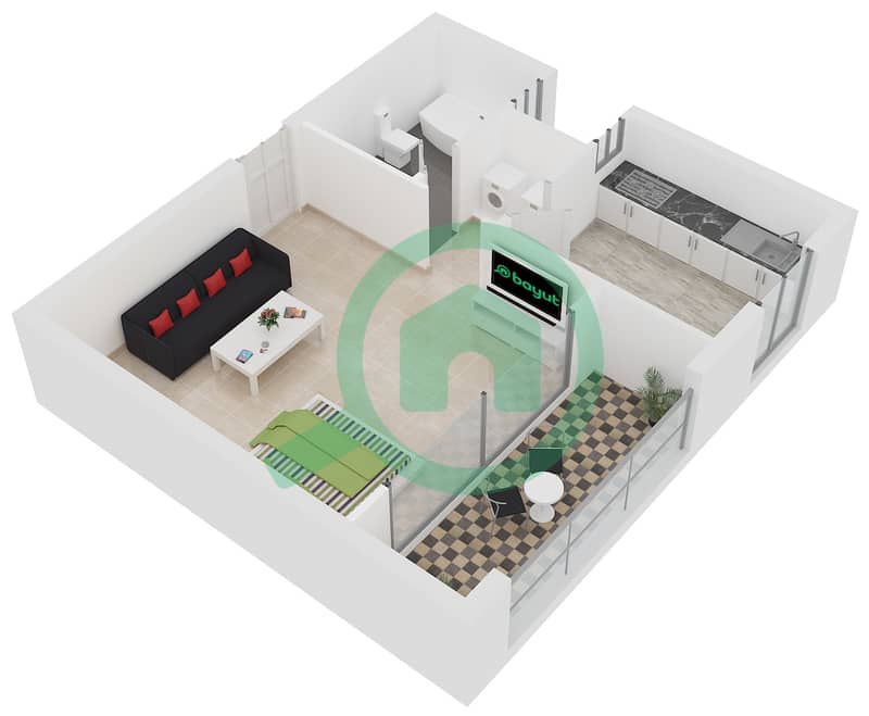 المخططات الطابقية لتصميم النموذج S شقة استوديو - برج دي إي سي 1 interactive3D