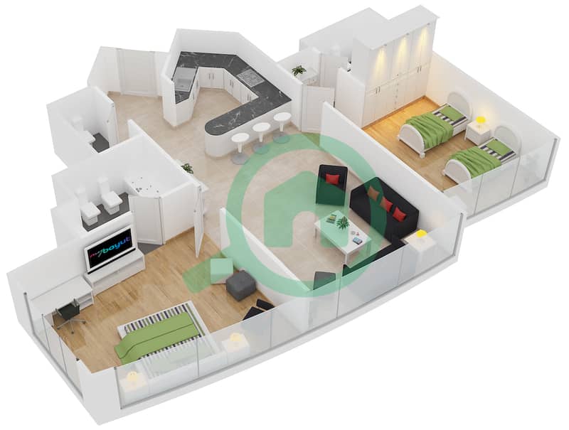 游艇湾公寓 - 2 卧室公寓单位111戶型图 interactive3D