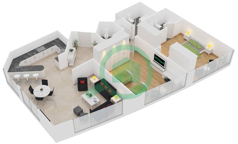 المخططات الطابقية لتصميم الوحدة 107 شقة 2 غرفة نوم - خليج اليخوت interactive3D