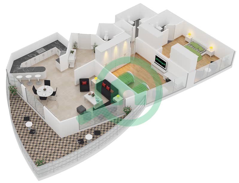 游艇湾公寓 - 2 卧室公寓单位207戶型图 interactive3D