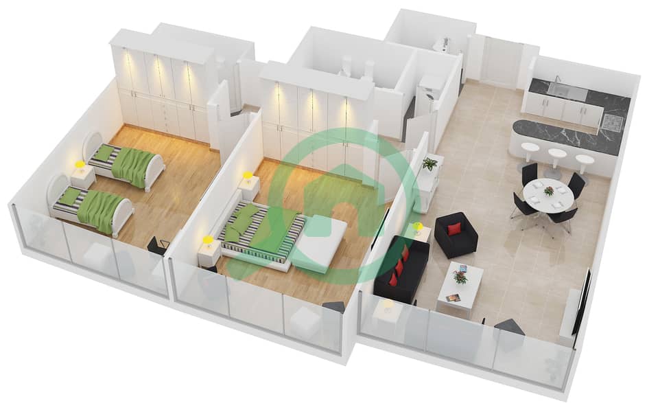 游艇湾公寓 - 2 卧室公寓单位110戶型图 interactive3D