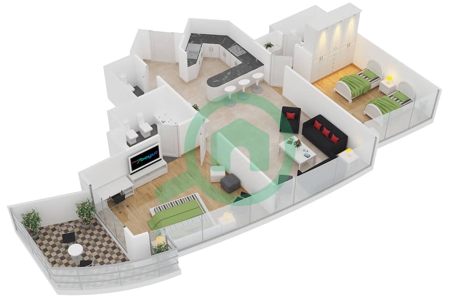 المخططات الطابقية لتصميم الوحدة 211 شقة 2 غرفة نوم - خليج اليخوت interactive3D
