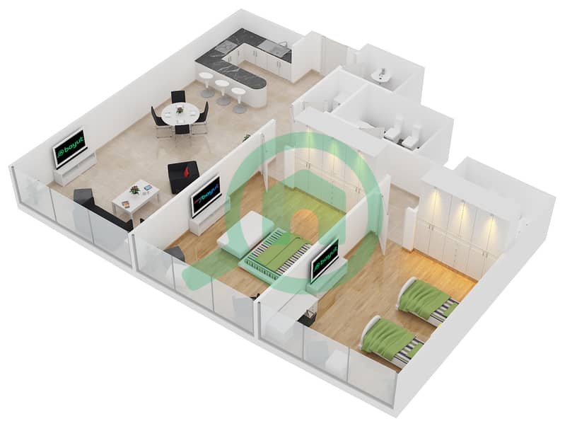 المخططات الطابقية لتصميم الوحدة 209 شقة 2 غرفة نوم - خليج اليخوت interactive3D